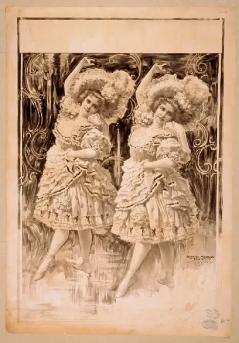 Framed Print : Two women dancing in ruffled costumes and hats Framed Print : Two women dancing in ruffled costumes and hats