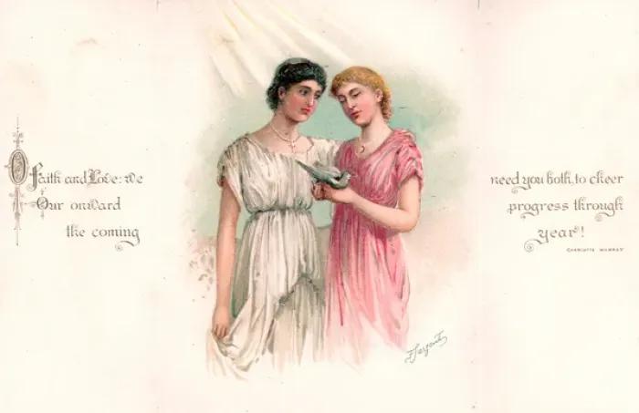 Framed Print : Two women with dove on a New Year card Framed Print : Two women with dove on a New Year card