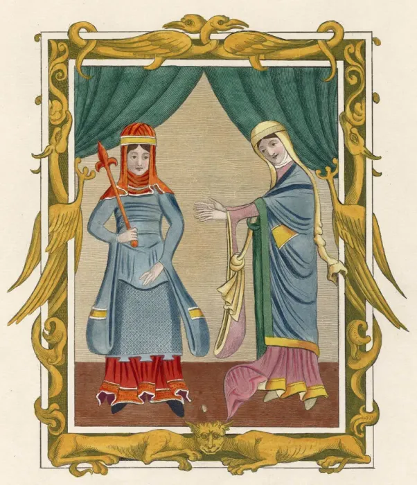 Framed Print : Two women in dress of the 12th century with a decorative border featuring golden Framed Print : Two women in dress of the 12th century with a decorative border featuring golden