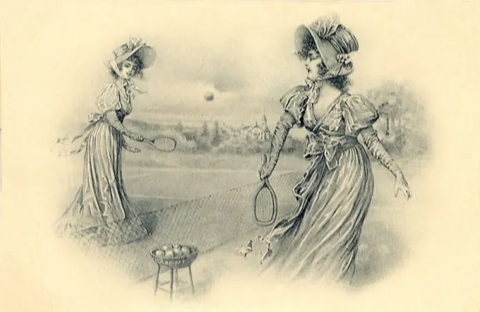 Framed Print : Women in dresses playing tennis Date: 1895