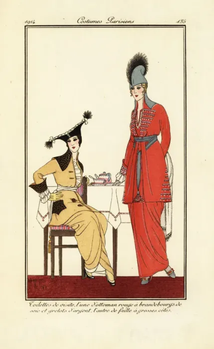 Framed Print : Women drinking tea in visiting outfits Framed Print : Women drinking tea in visiting outfits