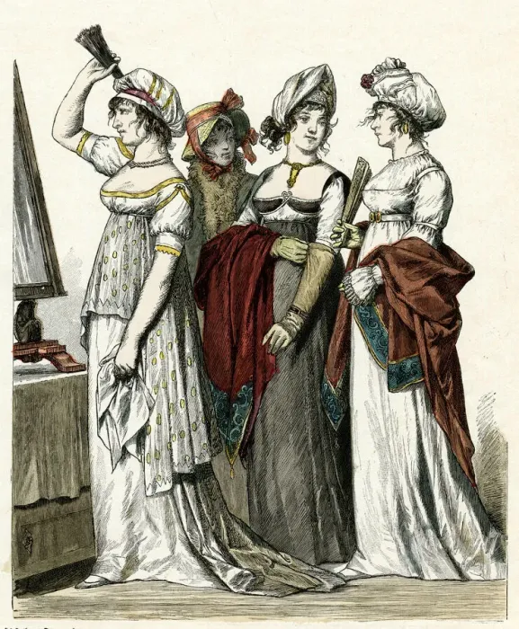 Framed Print : Four women in early 19th century costume Framed Print : Four women in early 19th century costume