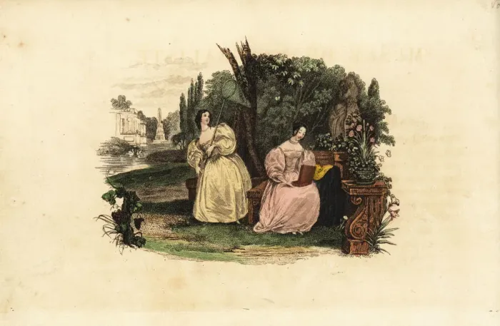 Framed Print : Women entomologists catching butterflies in Framed Print : Women entomologists catching butterflies in
