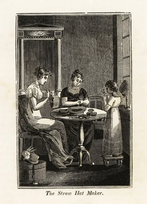 Framed Print : Women and girl weaving straw hats in a parlor Framed Print : Women and girl weaving straw hats in a parlor