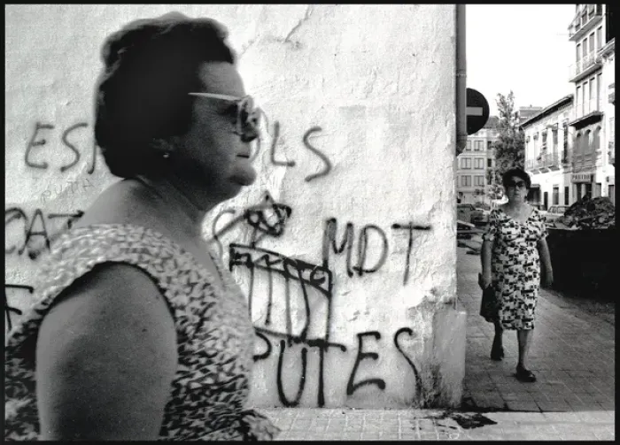Framed Print : Two women and grafitti, Spain Framed Print : Two women and grafitti, Spain