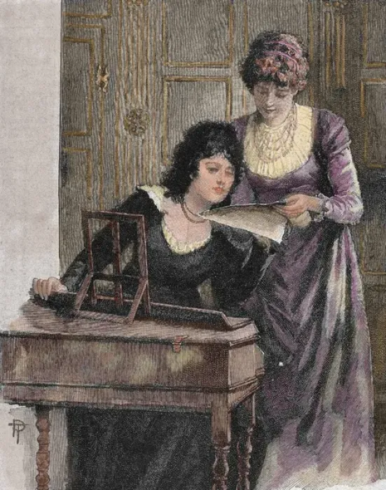 Framed Print : Women with a harpsichord. Colored engraving, 1895 Framed Print : Women with a harpsichord. Colored engraving, 1895