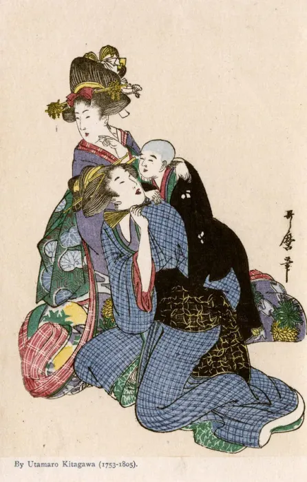 Framed Print : Two women, one with an infant - painting by Utamaro Kitagawa Framed Print : Two women, one with an infant - painting by Utamaro Kitagawa
