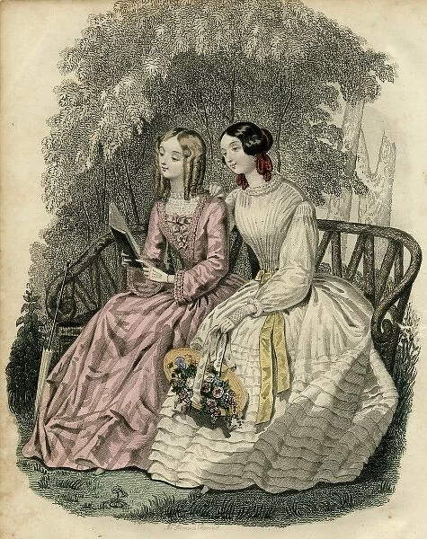 Two women in the latest French fashions