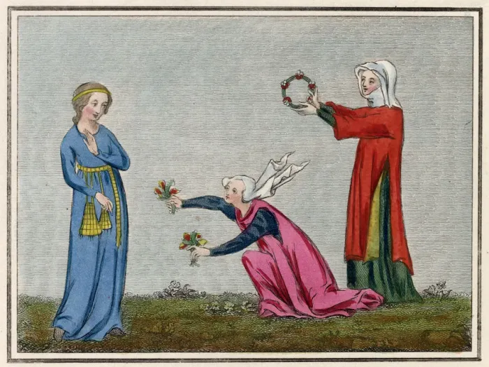 Framed Print : Two women make an offering of flowers to another lady. Date: 14th century Framed Print : Two women make an offering of flowers to another lady. Date: 14th century
