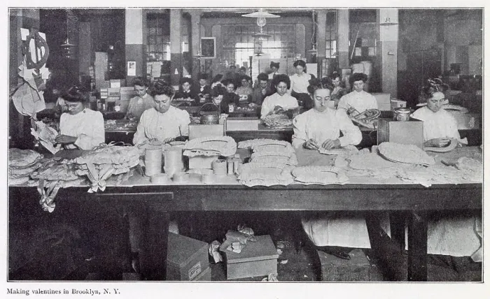 Framed Print : Women making Valentine gifts, made from paper, ribbons and glue. Date: 1908 Framed Print : Women making Valentine gifts, made from paper, ribbons and glue. Date: 1908
