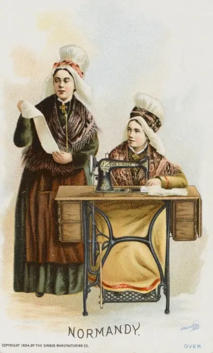 Framed Print : Two Women from Normandy using a Singer Sewing Machine Framed Print : Two Women from Normandy using a Singer Sewing Machine