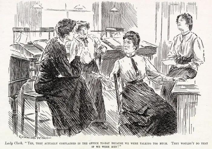 Framed Print : Women in the Office - They complained because we were talking too much. They wouldn't do that if we were men! Date: 1908