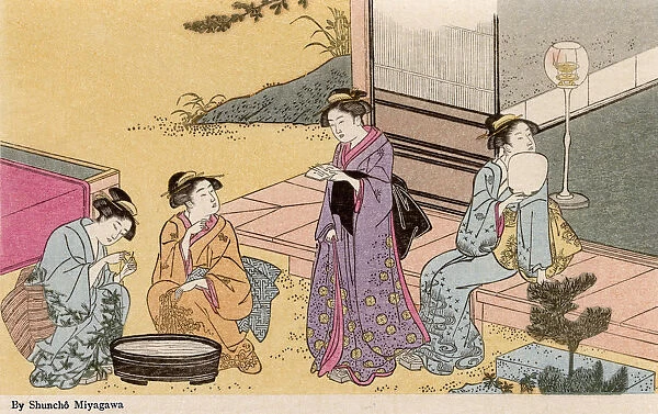 Four women in outdoor domestic scene by Katsukawa Shuncho