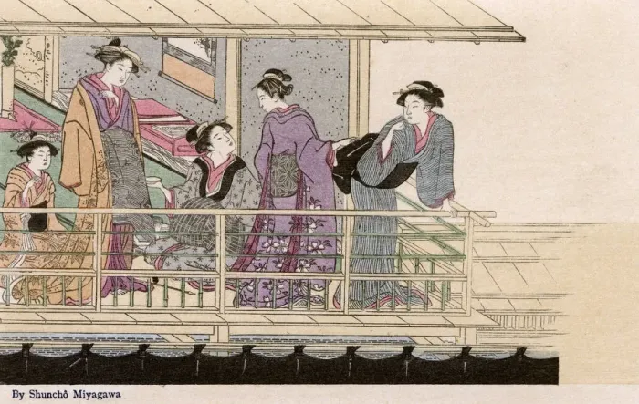Framed Print : Five women in an outdoor domestic scene by Katsukawa Shuncho Framed Print : Five women in an outdoor domestic scene by Katsukawa Shuncho