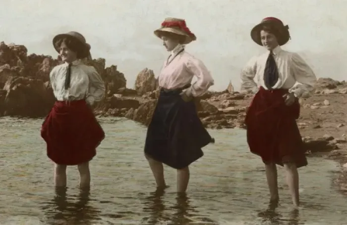 Framed Print : Three women go paddling at the seaside Framed Print : Three women go paddling at the seaside