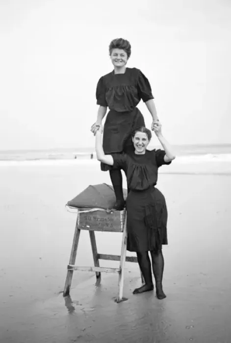 Framed Print : Two women in period bathing costumes on the beach - Atlantic Framed Print : Two women in period bathing costumes on the beach - Atlantic