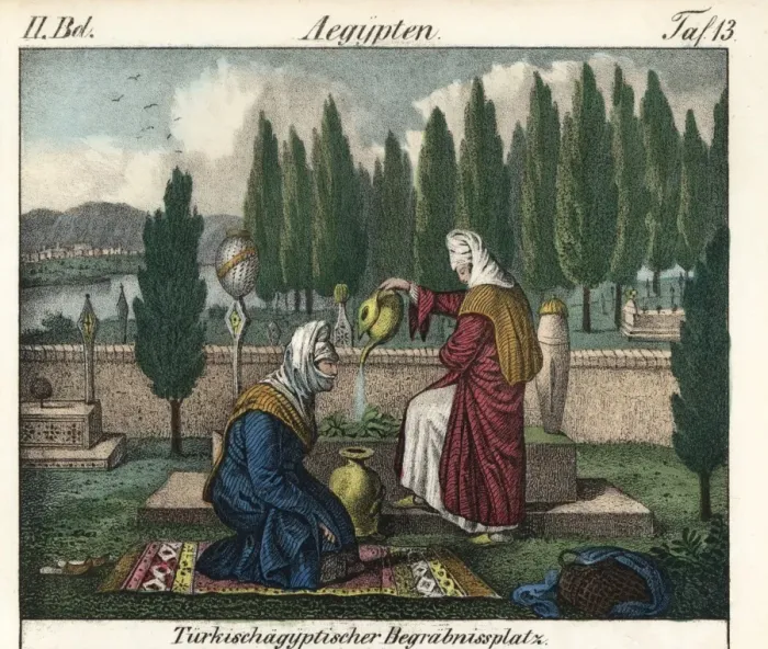 Framed Print : Two women praying at a tomb in a Turkish-Egyptian cemetery Framed Print : Two women praying at a tomb in a Turkish-Egyptian cemetery