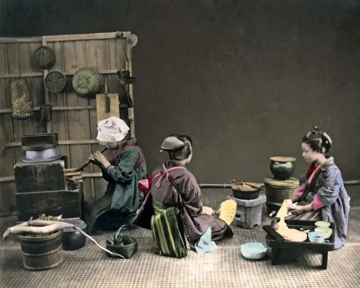 Framed Print : Three women preparing a meal, Japan Framed Print : Three women preparing a meal, Japan