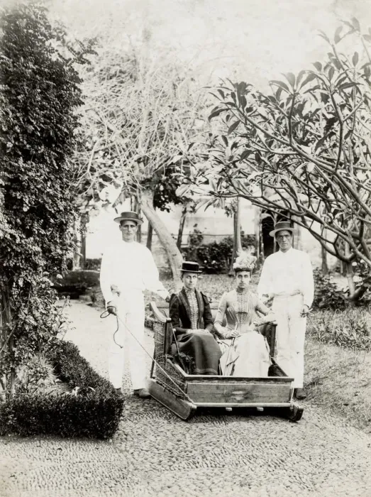 Framed Print : Women being pulled in a sledge, probably Madeira Framed Print : Women being pulled in a sledge, probably Madeira