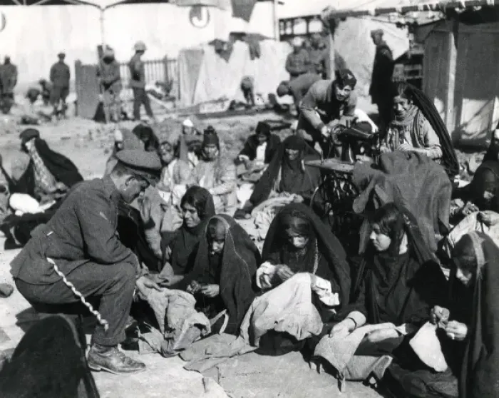 Framed Print : Women refugees sewing army clothing, Baghdad, WW1 Framed Print : Women refugees sewing army clothing, Baghdad, WW1