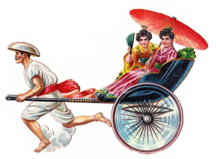 Framed Print : Two women in a rickshaw on a Victorian scrap Framed Print : Two women in a rickshaw on a Victorian scrap
