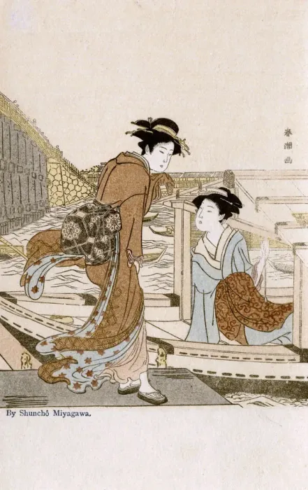 Framed Print : Two Women by the riverside by Katsukawa Shuncho Framed Print : Two Women by the riverside by Katsukawa Shuncho