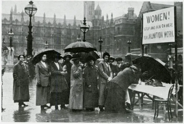 Framed Print : Women signing on for munitions work 1915