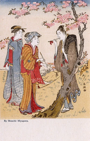 Three Women smoking pipes in a garden by Katsukawa Shuncho