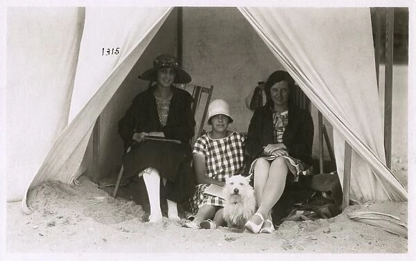 Three women in a tent on a beach with a white terrier