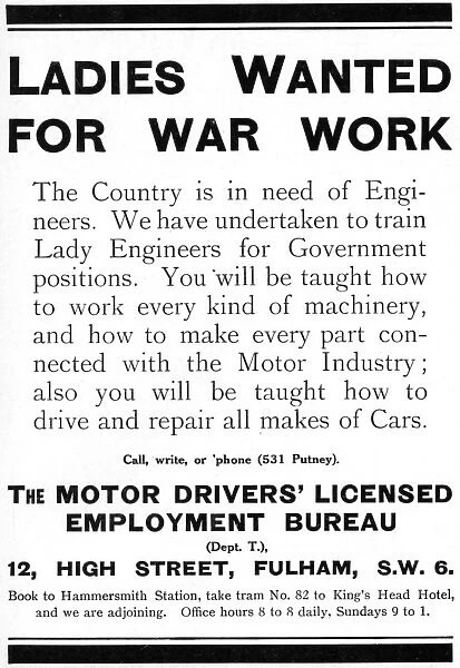 Women wanted for War Work, WW1
