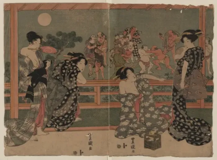 Framed Print : Women watching a sumo match under a full moon Framed Print : Women watching a sumo match under a full moon