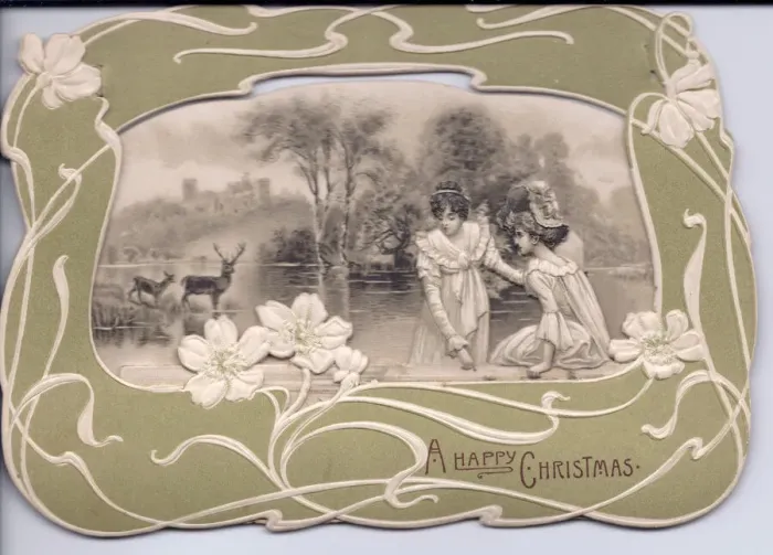 Framed Print : Women at the waterside on a Christmas card Framed Print : Women at the waterside on a Christmas card