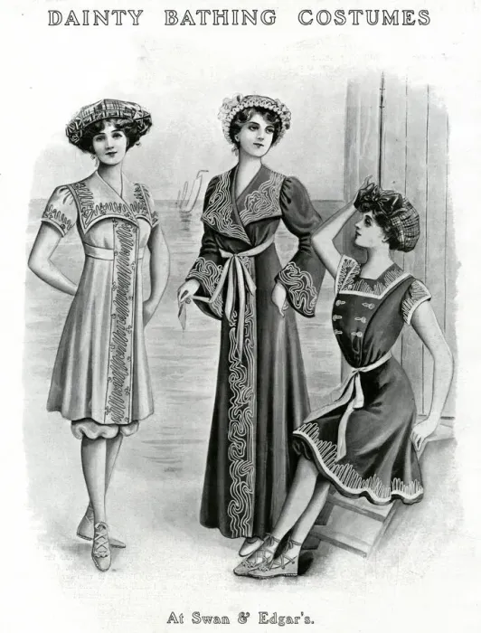 Framed Print : Three women wearing braided bathing frocks suitable for the summer months Framed Print : Three women wearing braided bathing frocks suitable for the summer months