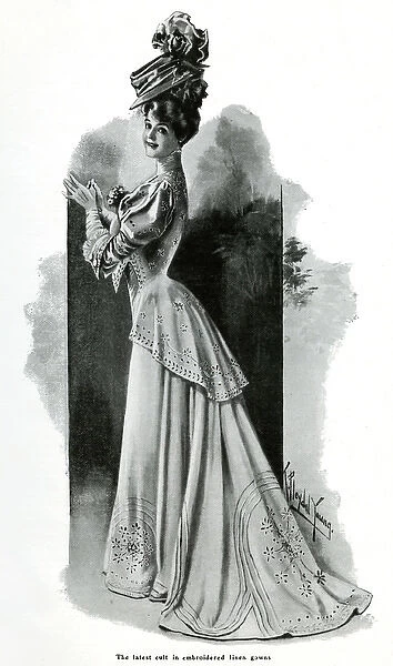 Women wearing embroidered linen dress 1906
