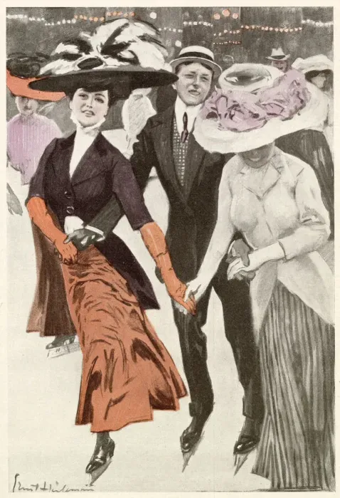 Framed Print : Two women, each wearing extravagant hats, and a man go ice skating. Date: 1910 Framed Print : Two women, each wearing extravagant hats, and a man go ice skating. Date: 1910