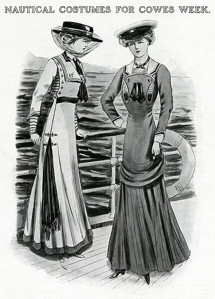 Two women wearing fashionable Cowes week costumes, the first sketch shows a frock carried