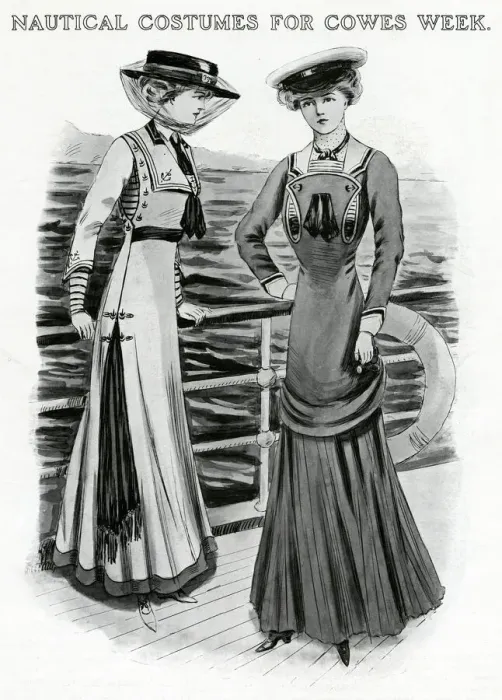 Framed Print : Two women wearing fashionable Cowes week costumes, the first sketch shows a frock carried Framed Print : Two women wearing fashionable Cowes week costumes, the first sketch shows a frock carried
