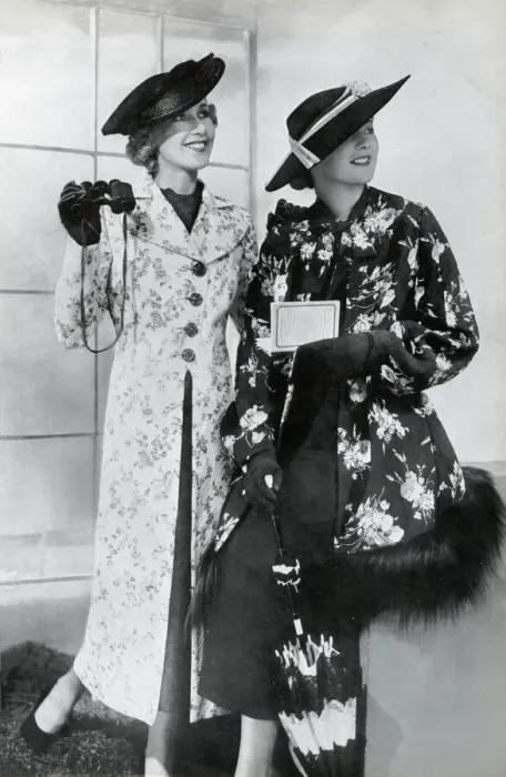 Framed Print : Women wearing floral design coats 1937 Framed Print : Women wearing floral design coats 1937
