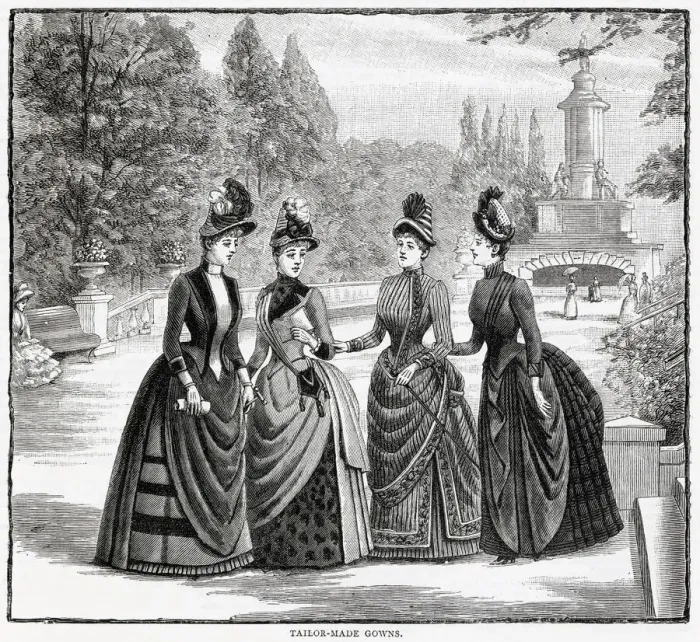 Framed Print : Three women wearing the latest tailor-made outdoor wear frocks Date: 1886 Framed Print : Three women wearing the latest tailor-made outdoor wear frocks Date: 1886