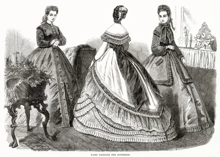 Framed Print : Three women wearing the new style of dresses. Date: October 1864 Framed Print : Three women wearing the new style of dresses. Date: October 1864
