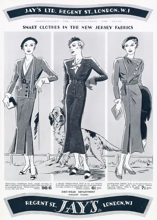 Framed Print : Three women wearing smart clothes in the New Jersey fabrics. Date: 1935 Framed Print : Three women wearing smart clothes in the New Jersey fabrics. Date: 1935