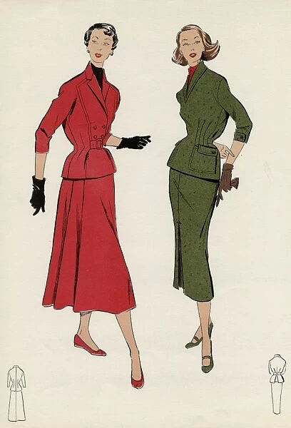 Women wearing tailored skirted suits 1954