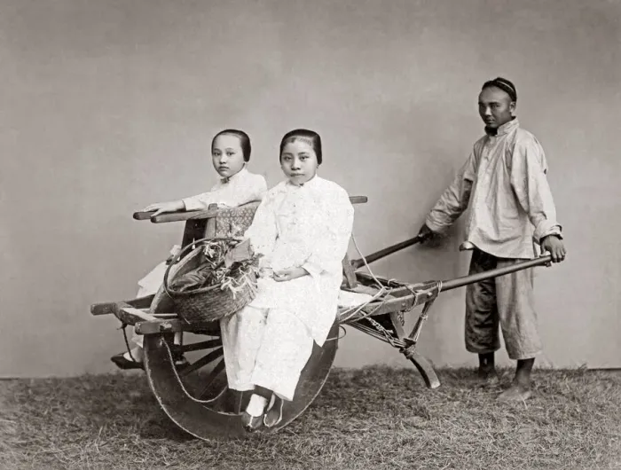 Framed Print : Women on a wheelbarow, China, circa 1880s. Date: circa 1880s Framed Print : Women on a wheelbarow, China, circa 1880s. Date: circa 1880s