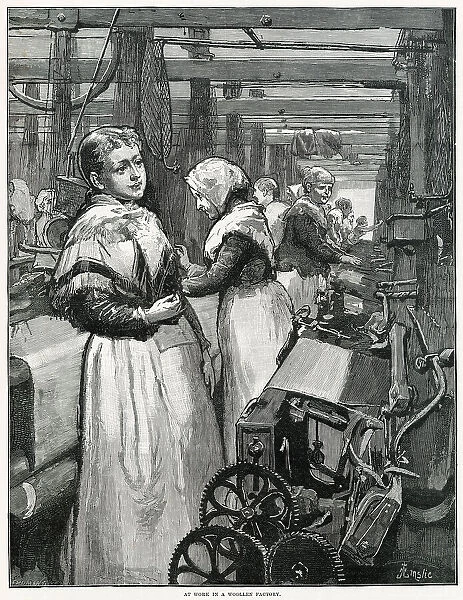 Women working in cramped conditions spinning yarn. Date: 1883