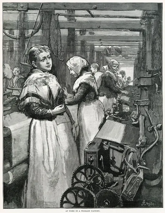 Framed Print : Women working in cramped conditions spinning yarn. Date: 1883 Framed Print : Women working in cramped conditions spinning yarn. Date: 1883