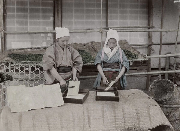 Women working with silk worms, Japan