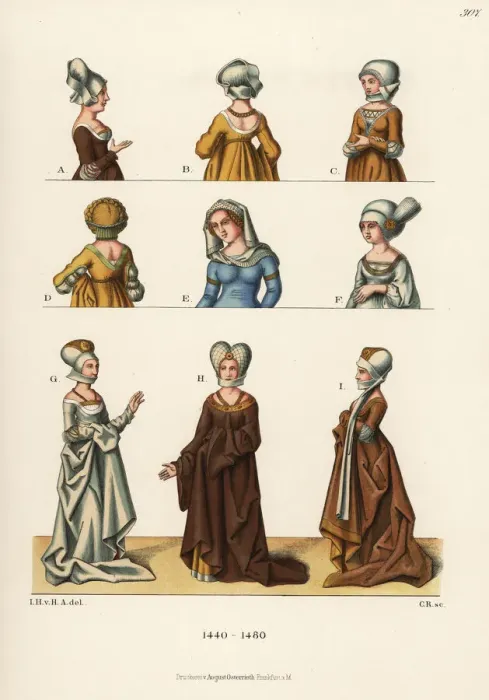 Framed Print : Womens costumes of the mid-15th century Framed Print : Womens costumes of the mid-15th century