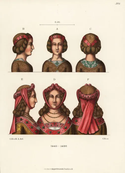 Framed Print : Womens headdresses from the mid-15th century Framed Print : Womens headdresses from the mid-15th century