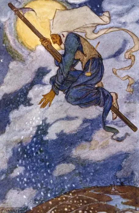 Framed Print : A Wood Witch flying over the land on her stick Framed Print : A Wood Witch flying over the land on her stick