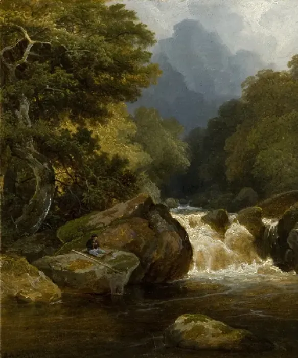 Framed Print : Wooded Glen with Angler Framed Print : Wooded Glen with Angler